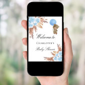 Poster Baby shower ours en peluche pampas herbe bleu garç