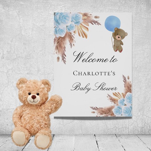 Poster Baby shower ours en peluche pampas herbe bleu garç