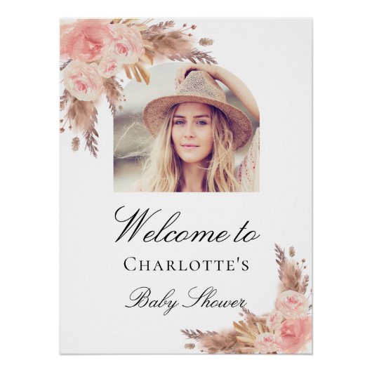 Poster Baby shower pampas herbe blush rose arche photo (Devant)