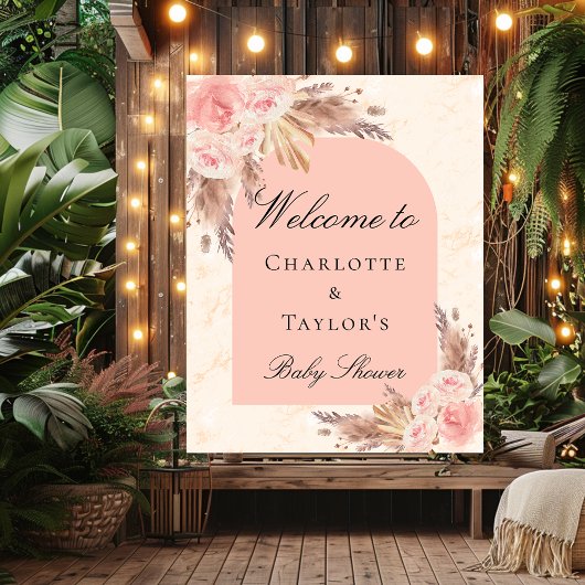 Poster Baby shower pampas herbe rose or blush accueil