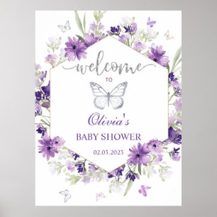 Poster Baby shower papillon argenté violet bienvenue