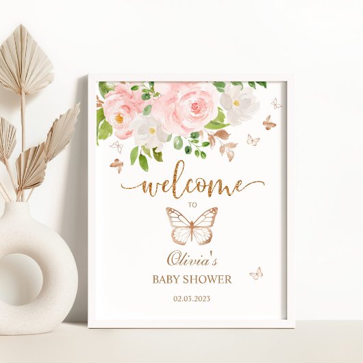 Poster Baby shower papillon floral signe de bienvenue