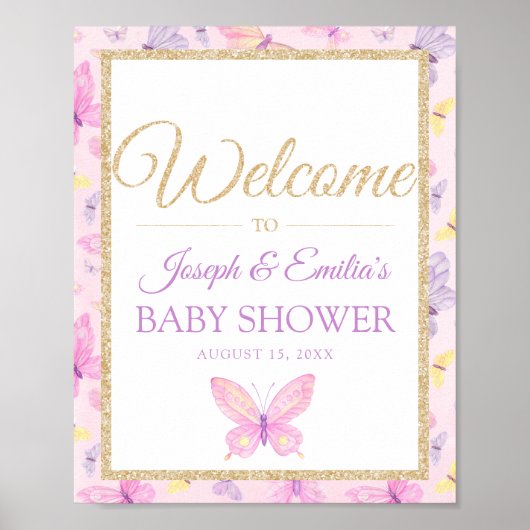 Poster Baby shower papillon rose et violet Bienvenue (Devant)
