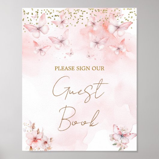 Poster Baby shower papillon rose Livre d'invité (Devant)