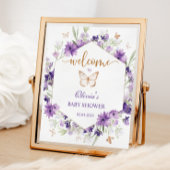 Poster Baby shower papillon violet signe d'accueil
