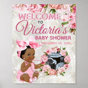 Poster Baby shower photo Ethnic Baby Girl Pink Peony