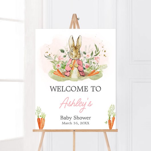 Poster Baby shower Pierre rose Rabbit Bienvenue