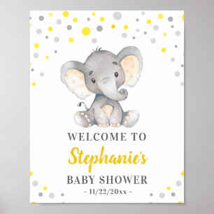 Poster Baby shower Pointe d'éléphant gris jaune Bienvenue