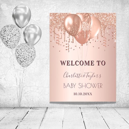 Poster Baby shower rose ballons d'or blush bienvenue