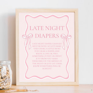 Poster Baby shower rose Bow Late Night Diapers Partie
