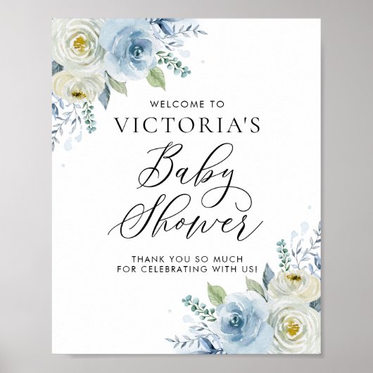 Poster Baby shower Rose d'aquarelle bleu et ivoire (Devant)