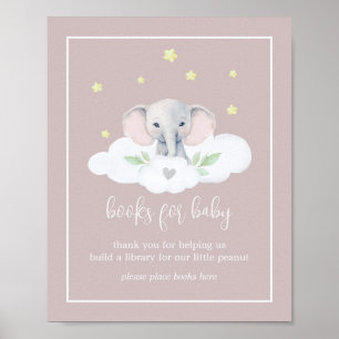 Poster Baby shower rose éléphant Livres pour bébé