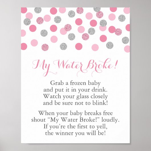 Poster Baby shower rose et argent My Water Broke Jeu (Devant)