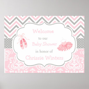 Poster Baby shower rose et gris Chevron Ballerina
