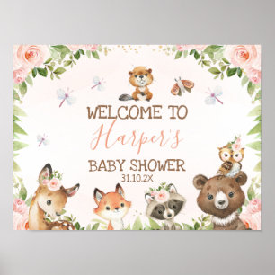 Poster Baby shower rose Floral Bois Animaux Bienvenue