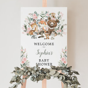 Poster Baby shower rose Floral Bois Animaux Bienvenue