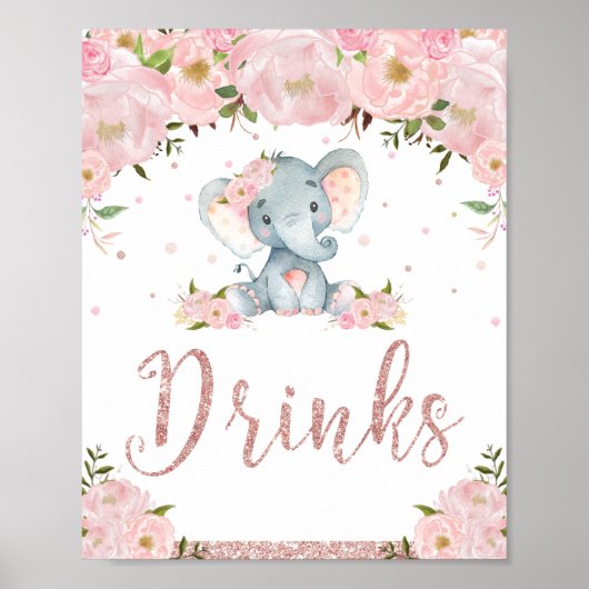 Poster Baby shower rose Floral Elephant Boissons Signer D (Devant)