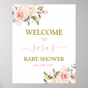 Poster Baby shower rose floral Fille Signal de bienvenue