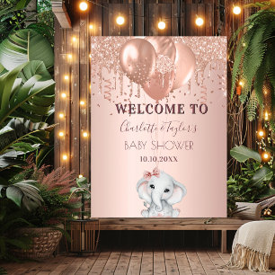 Poster Baby Shower rose gold pailleté éléphant bienvenue