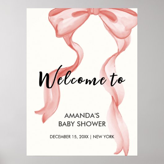 Poster Baby shower rose moderne élégante Bow Girl Bienven (Devant)