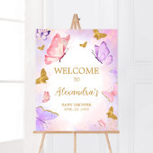 Poster Baby shower rose or violet papillon Bienvenue
