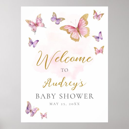 Poster Baby shower rose violet or papillon Bienvenue (Devant)