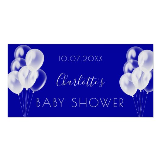 Poster Baby shower royal bleu garçon blanc ballons (Devant)