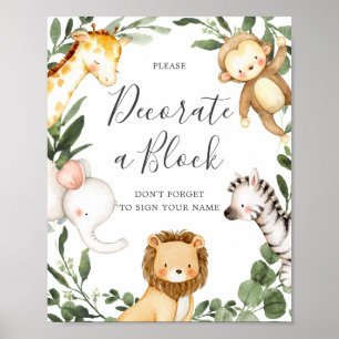 Poster Baby shower Safari Animaux Décorez Un Panneau Bloc