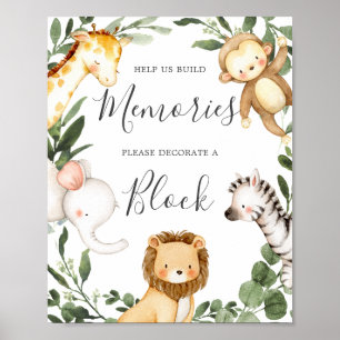 Poster Baby shower Safari Animaux Décorez Un Panneau Bloc