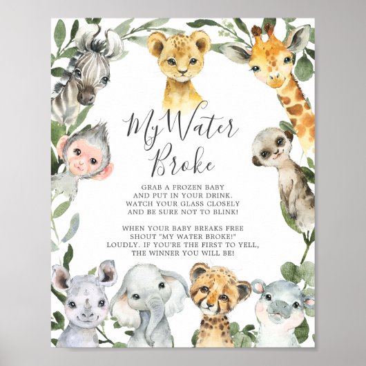 Poster Baby shower Safari Animaux Mon Eau Broke Signe (Devant)