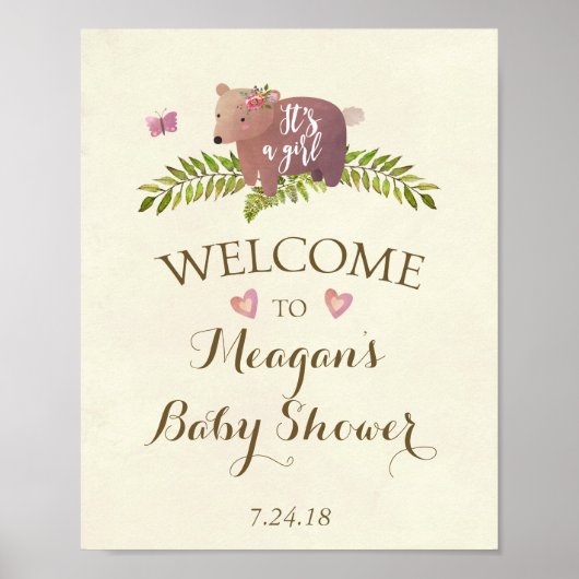 Poster baby shower signe rose c'est une fille ours de boi (Devant)