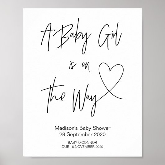 Poster Baby shower simple bébé fille signe avec coeur (Devant)