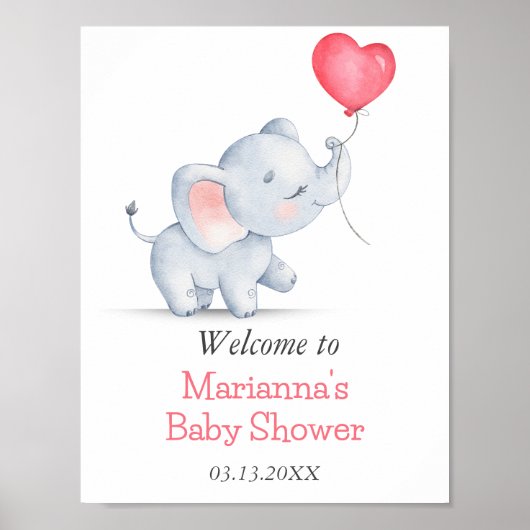 Poster Baby shower simple éléphant et ballon cardiaque (Devant)