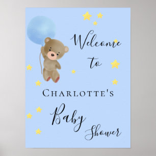 Poster Baby shower teddy bear garçon bleu bienvenue