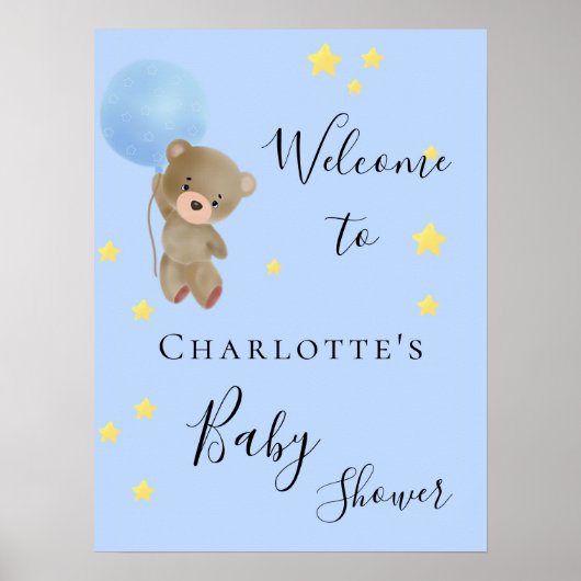 Poster Baby shower teddy bear garçon bleu bienvenue (Devant)