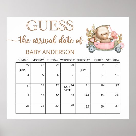 Poster Baby shower Teddy Bear Guides Date d'échéance Cale (Devant)