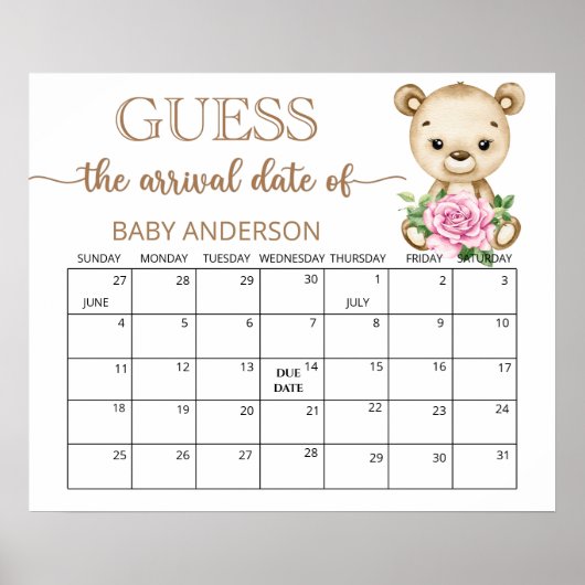 Poster Baby shower Teddy Bear Guides Date d'échéance Cale (Devant)