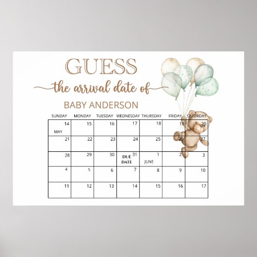 Poster Baby shower Teddy Bear Guides Date d'échéance Cale (Devant)