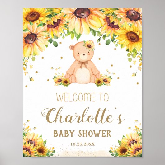 Poster Baby shower Teddy Bear Sunflower Bienvenue (Devant)