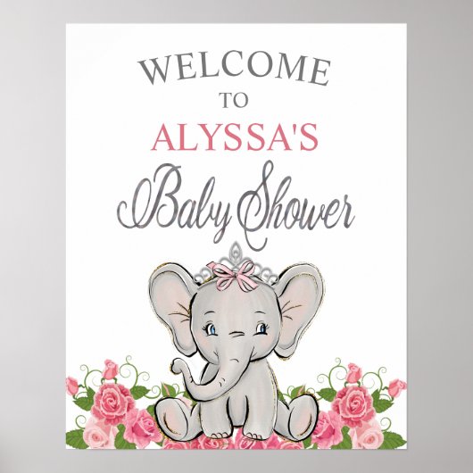 Poster Baby shower Tiara Rose Princesse Elephant Bienvenu (Devant)