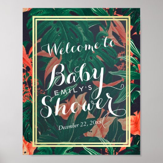 Poster Baby shower Tropical Floral Gold Frame Bienvenue (Devant)