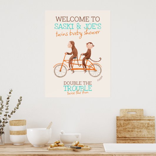 Poster Baby shower Twins Monkey Double Trouble Bienvenue (Cuisine)