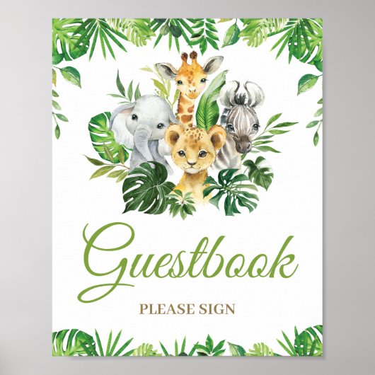 Poster Baby shower vert Animaux de la jungle (Devant)