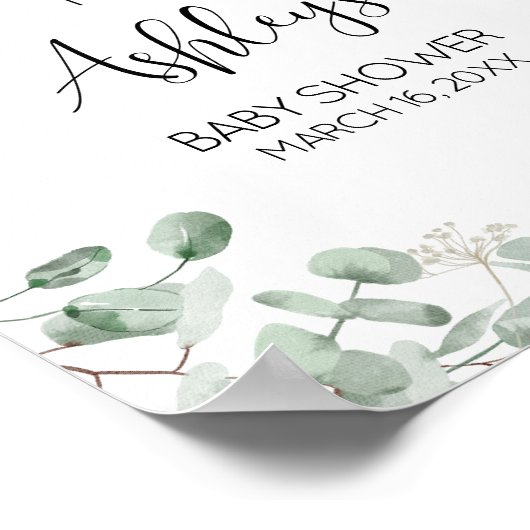 Poster Baby shower vert Eucalyptus Bienvenue (Coin)