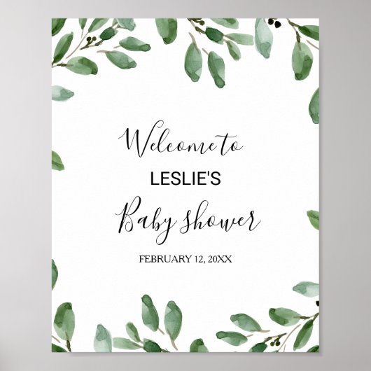 Poster Baby shower vert Tropical Eucalyptus Bienvenue (Devant)