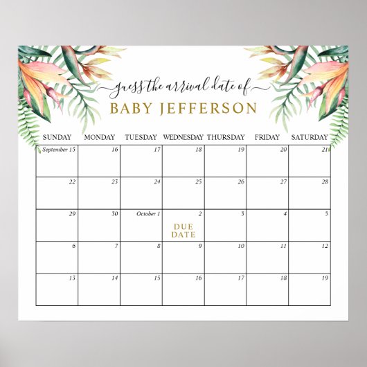 Poster Baby shower vert tropical Guides Date d'échéance C (Devant)