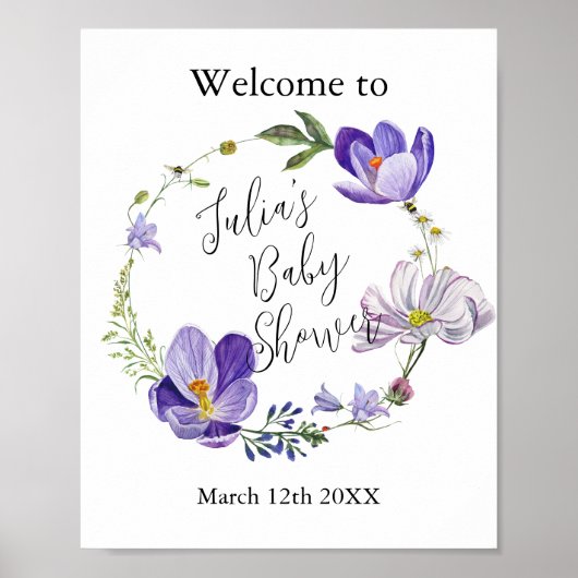 Poster Baby shower violet fleur sauvage (Devant)