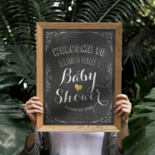 Poster Baby shower Welcome Black White Floral Chalkboard
