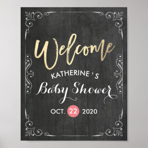 Poster Baby shower Welcome Black White Floral Chalkboard