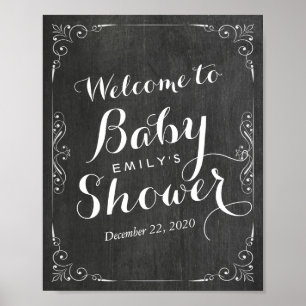 Poster Baby shower Welcome Black White Floral Chalkboard
